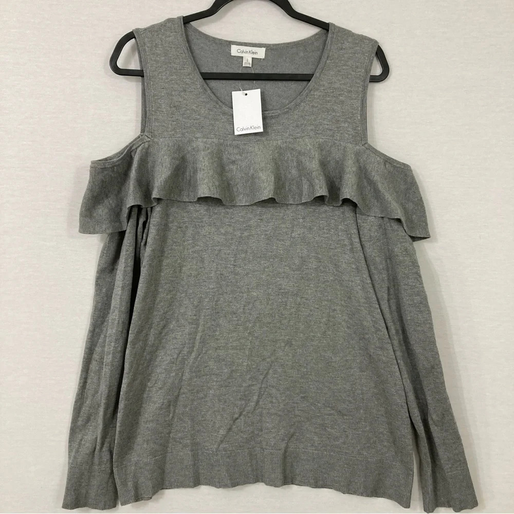 New Calvin Klein Gray Ruffle Off Shoulder Lightweight Knit Sweater Large